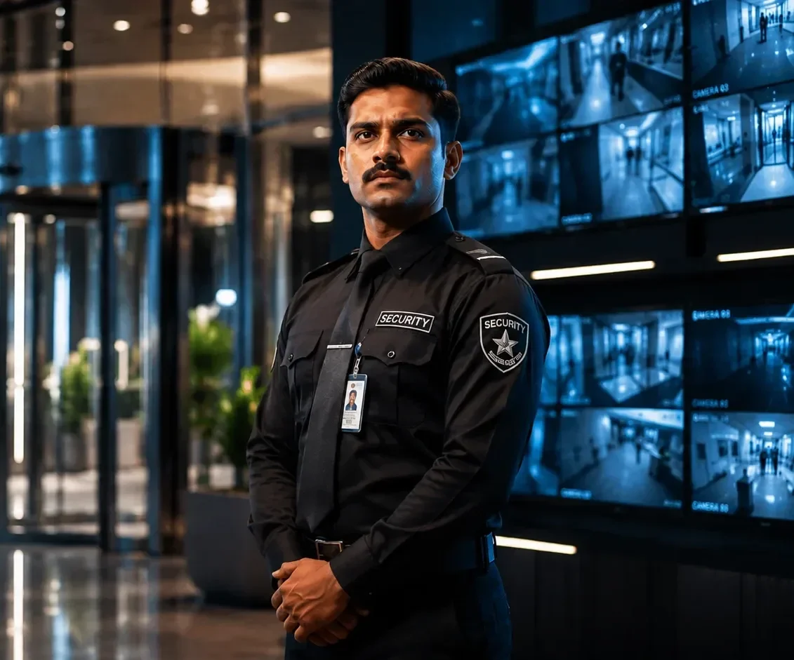 Enovizen security officer on duty in a monitored building lobby