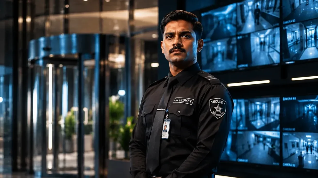 Security Services — Uniformed security guard in a monitored lobby